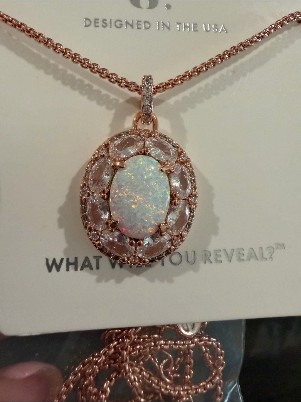 Opal Halo Pendant Necklace In Rose Gold By
